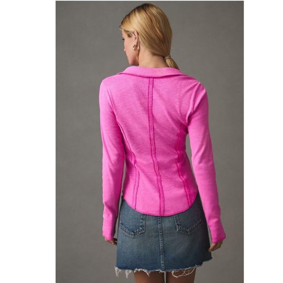 Pilcro Anthropologie Stitched Long-Sleeve Top Pink Collared Solid XXS - Picture 3 of 7